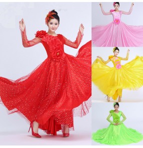 Red light pink yellow neon green long mesh see through sleeves women's petal sequins big skirted opening dancing solo flamenco Spanish bull folk dance dresses outfits